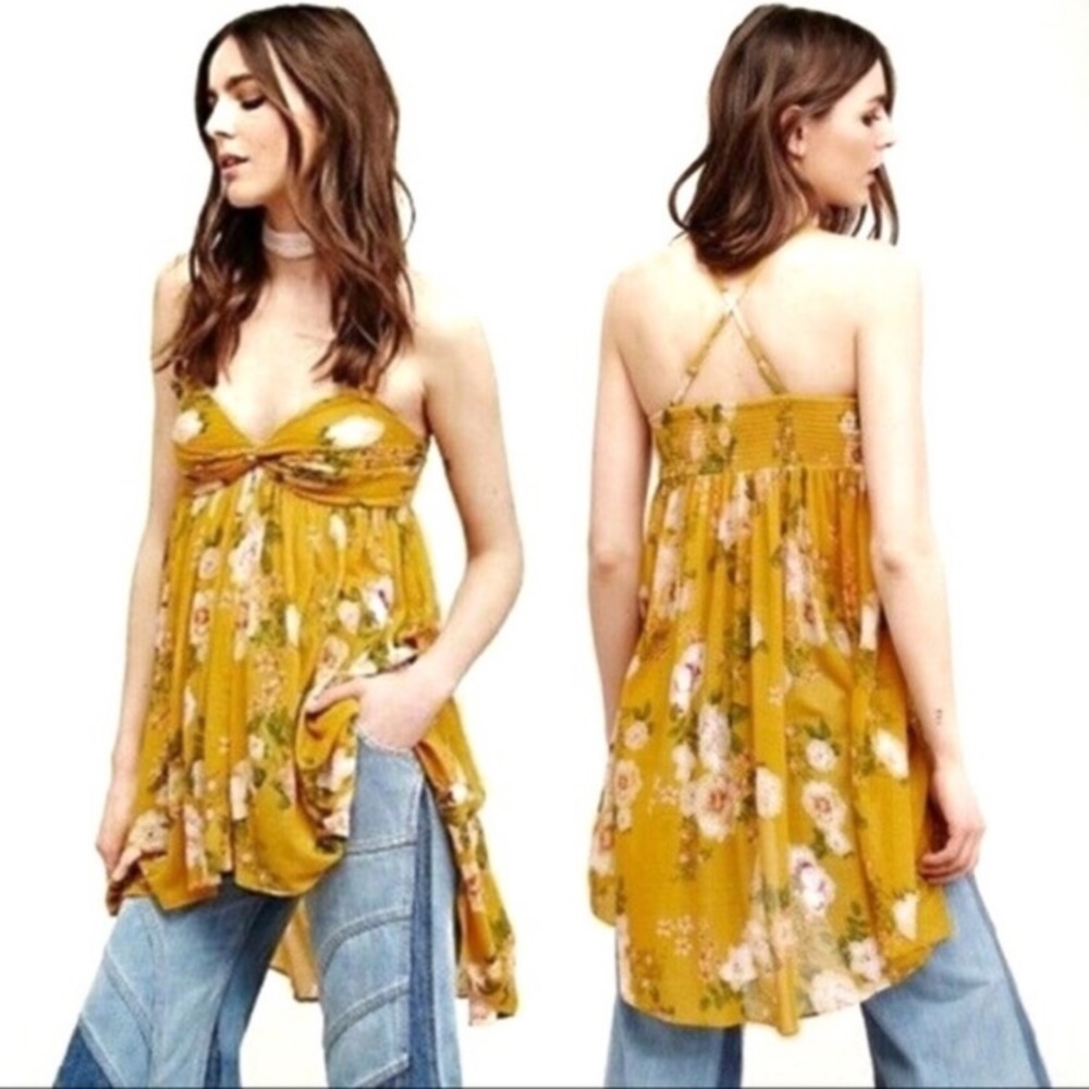 Free People tunic tank top mustard floral